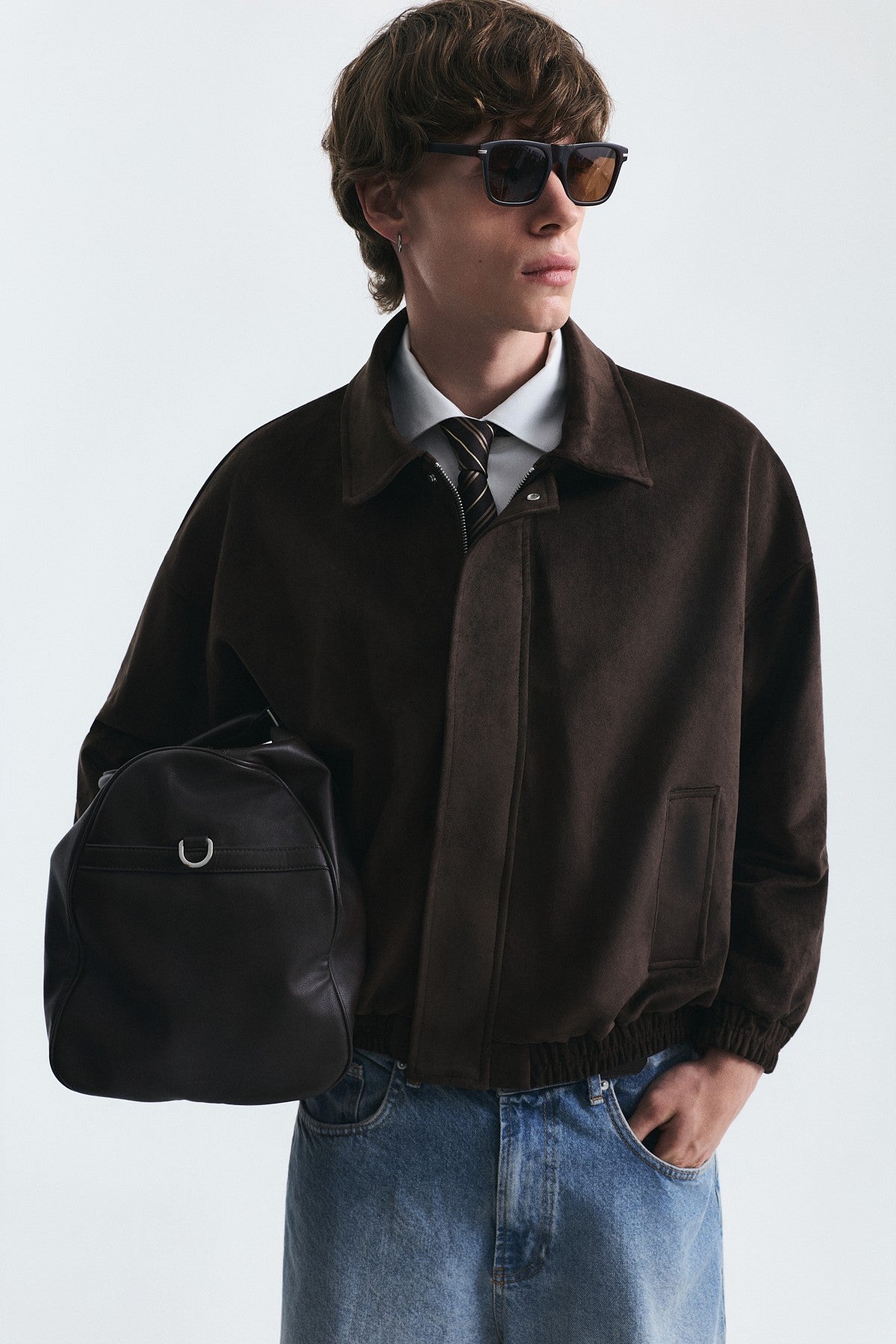 Oversized Polo-Collar Faux Suede Jacket