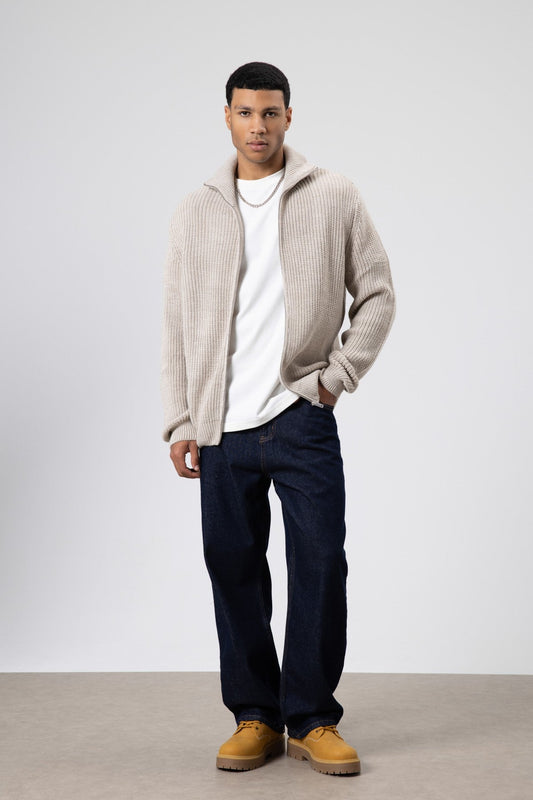 Oversized Zipper-Front Knit Cardigan