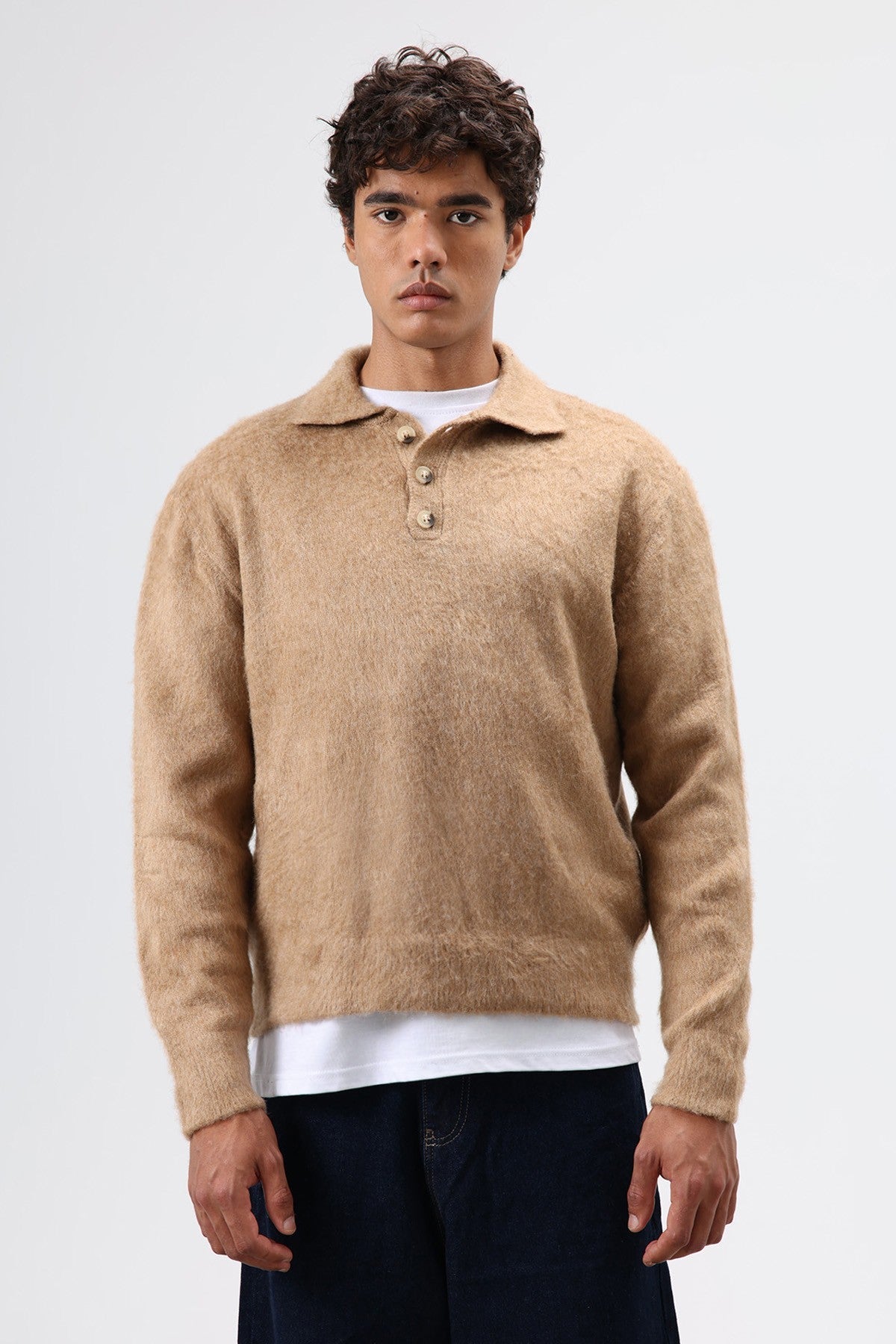 Polo Neck Soft-Textured Knit Sweater