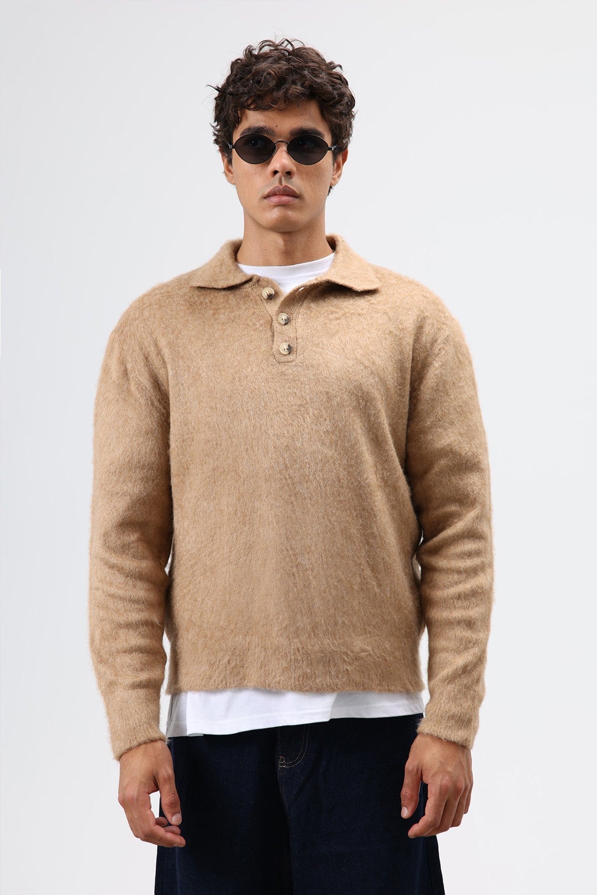 Polo Neck Soft-Textured Knit Sweater