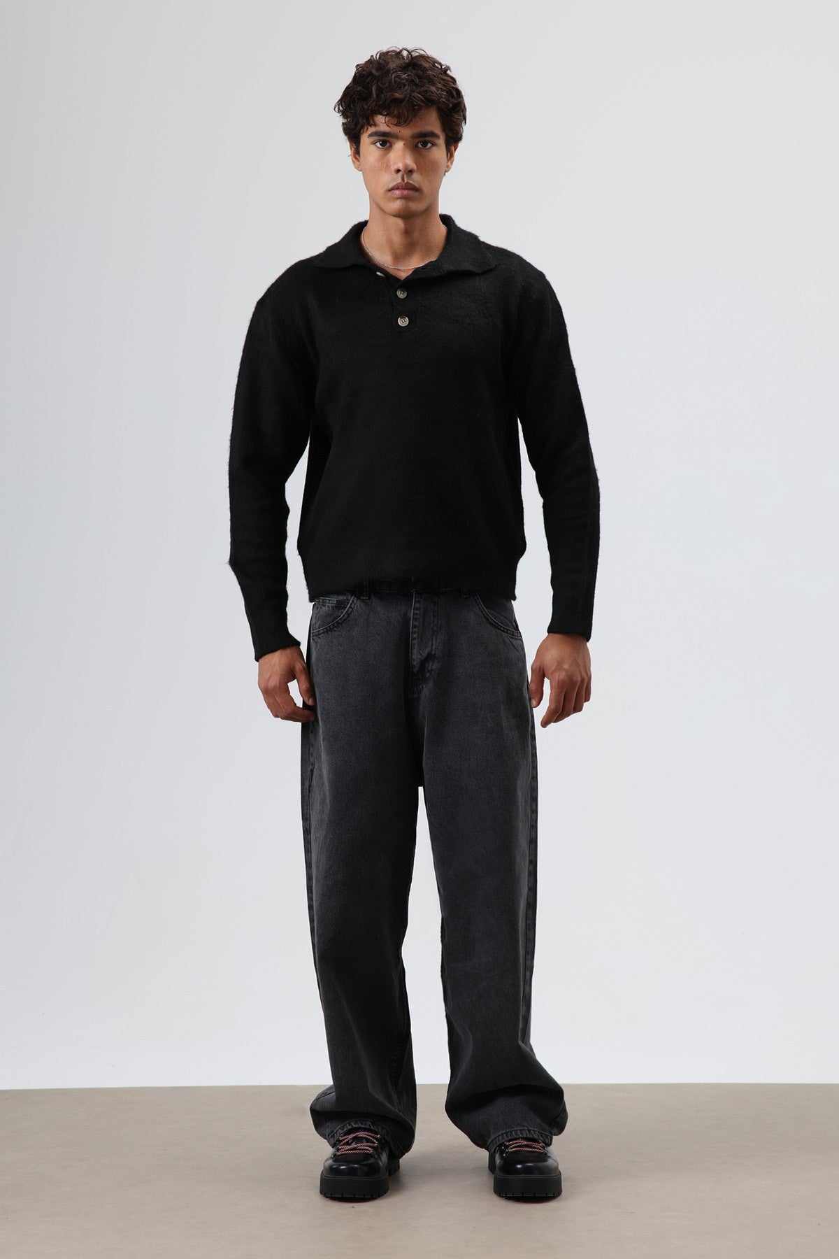 Polo Neck Soft-Textured Knit Sweater