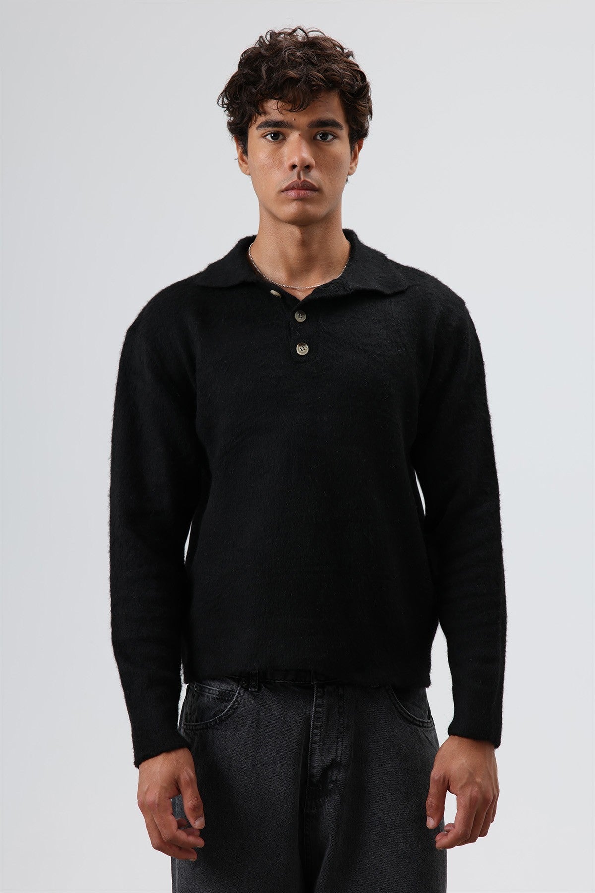 Polo Neck Soft-Textured Knit Sweater