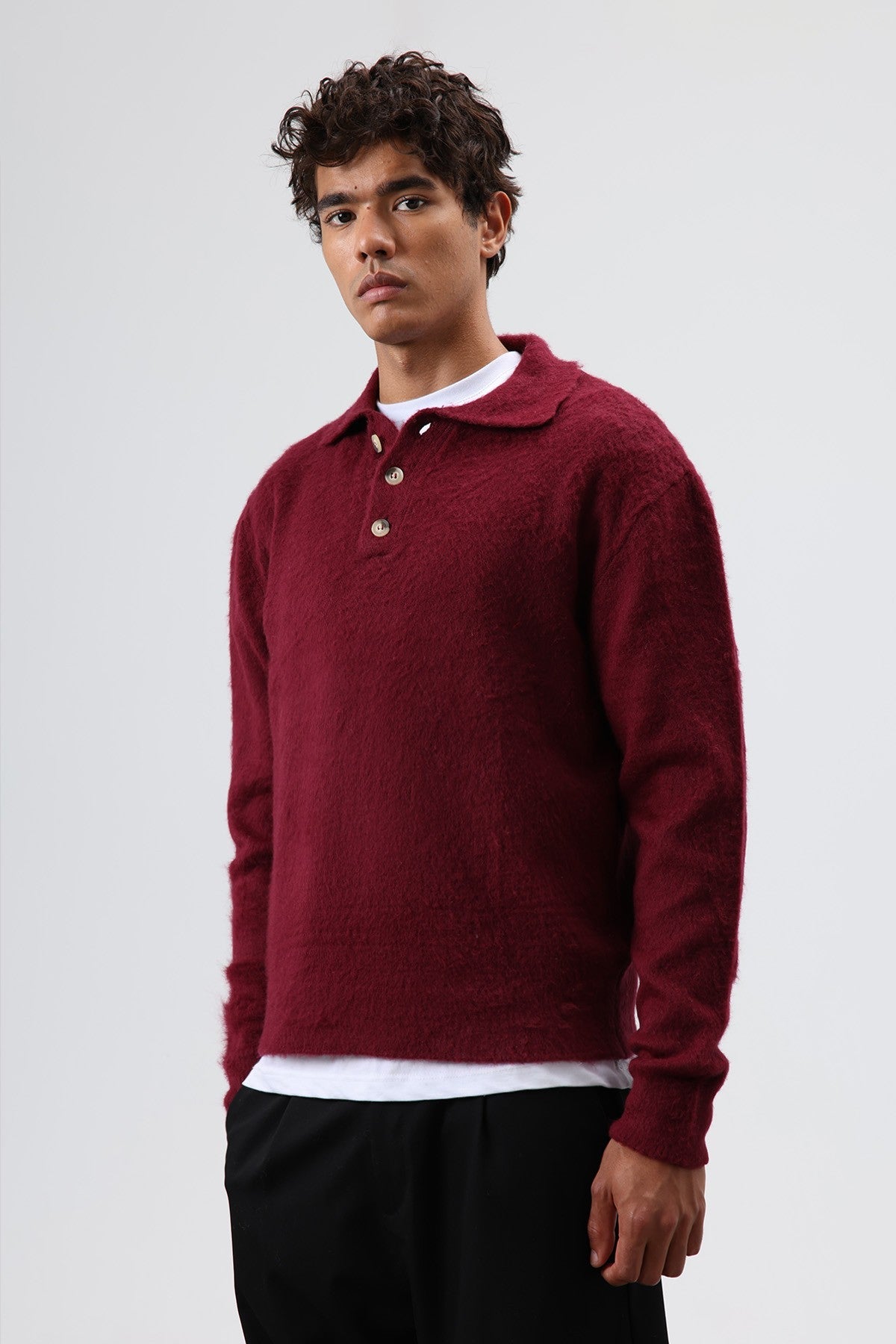 Polo Neck Soft-Textured Knit Sweater