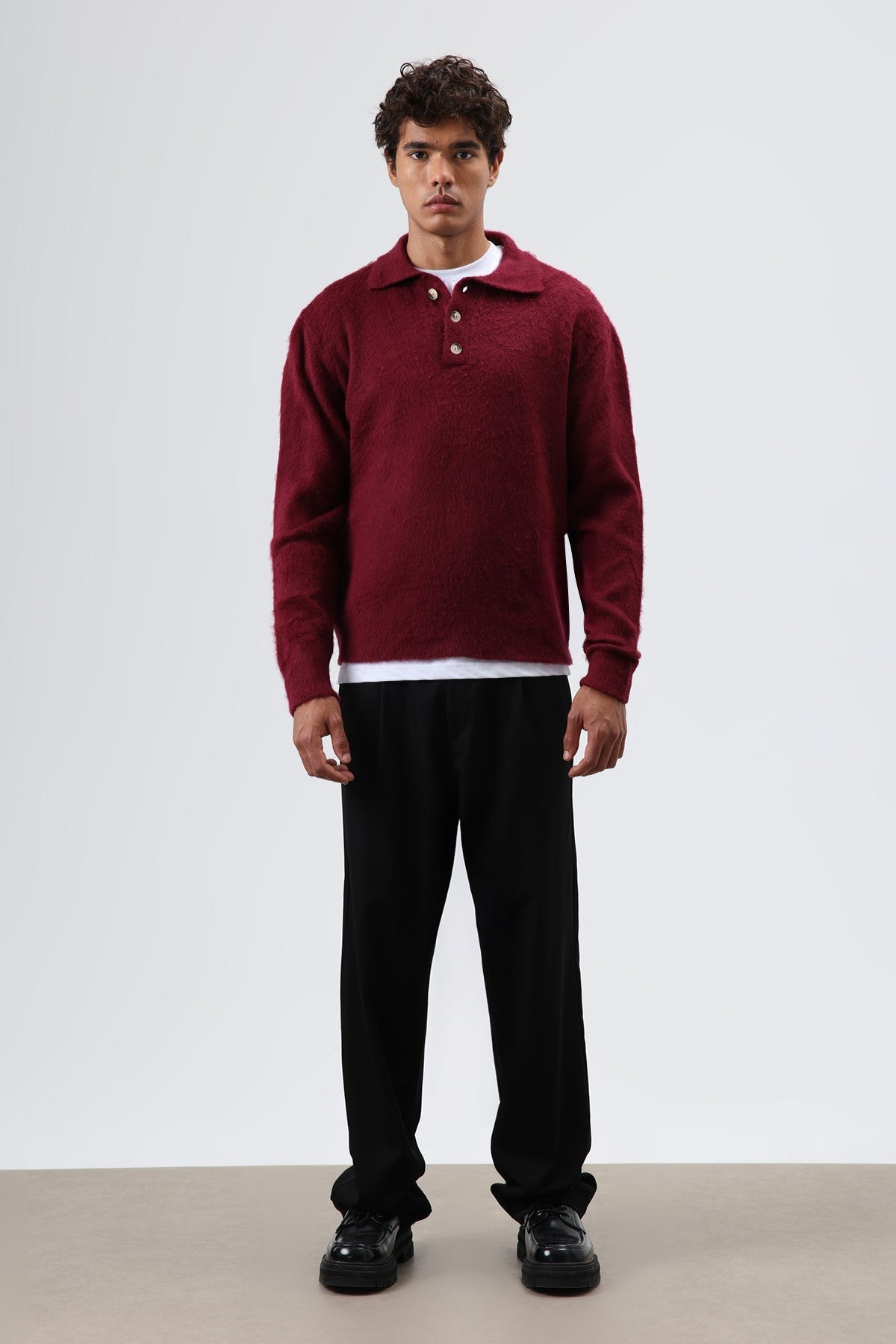 Polo Neck Soft-Textured Knit Sweater
