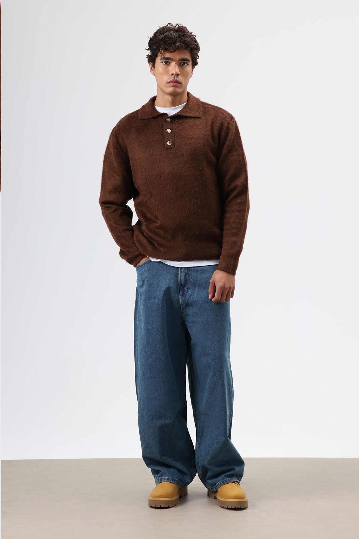 Polo Neck Soft-Textured Knit Sweater