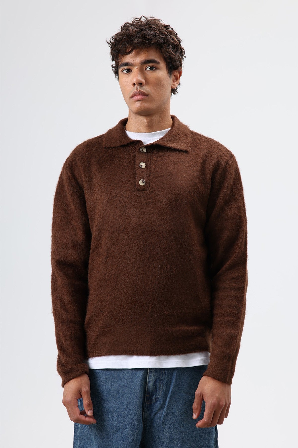 Polo Neck Soft-Textured Knit Sweater