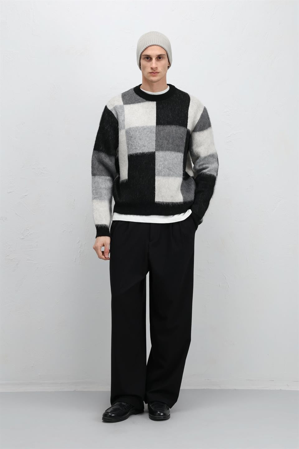 Oversized Square-Patterned Knit Sweater