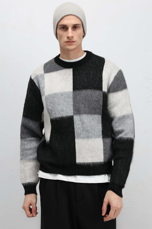 Oversized Square-Patterned Knit Sweater