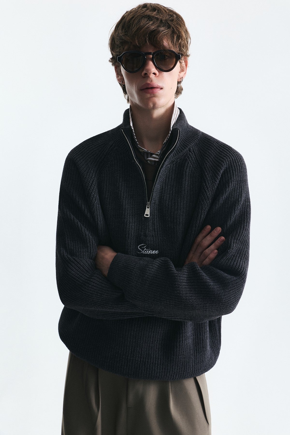 Zip-Up Stand-Up Collar Sweatshirt
