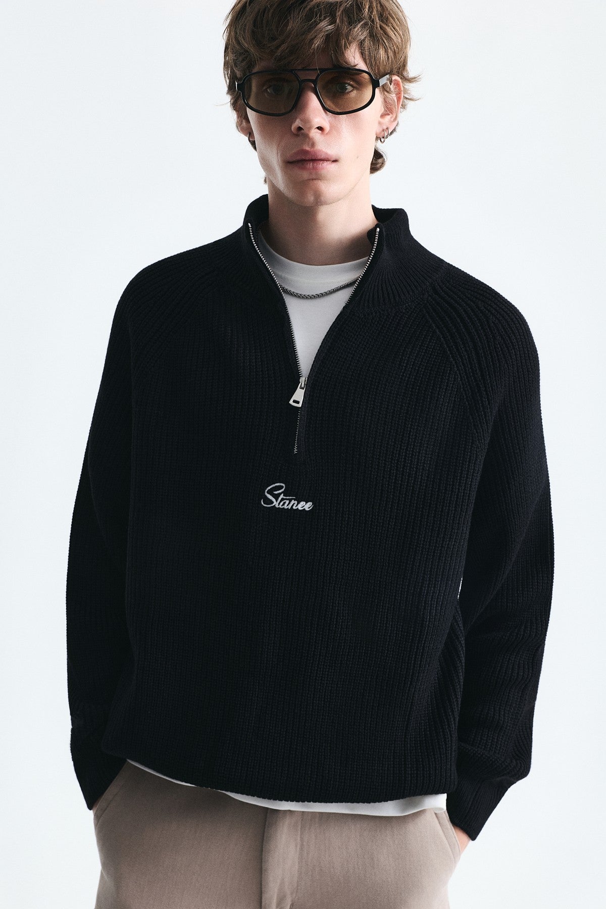 Zip-Up Stand-Up Collar Sweatshirt