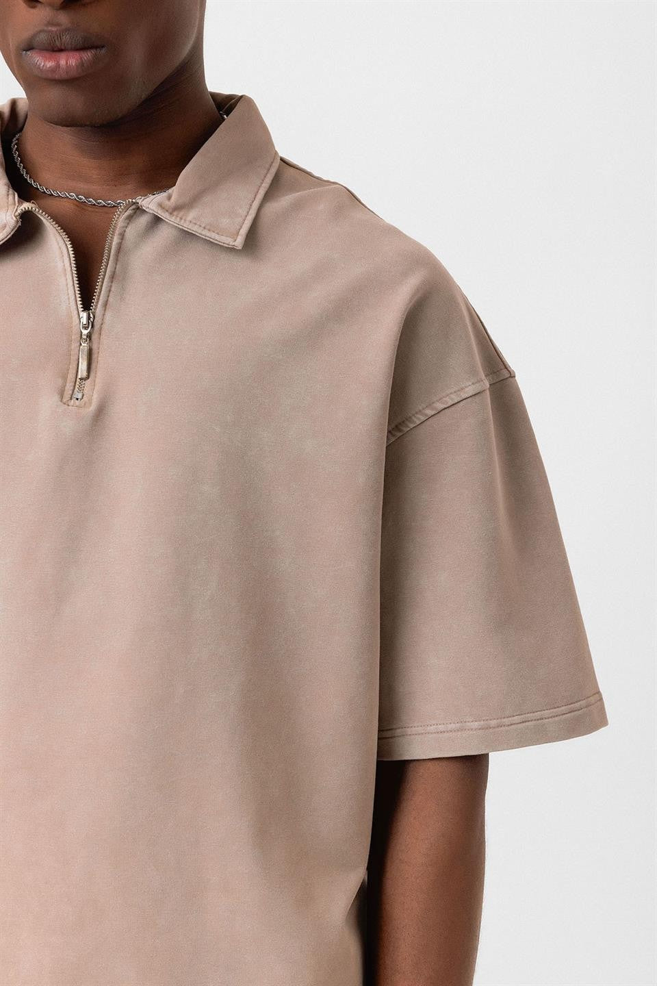 Oversized Washed Polo-Neck T-Shirt