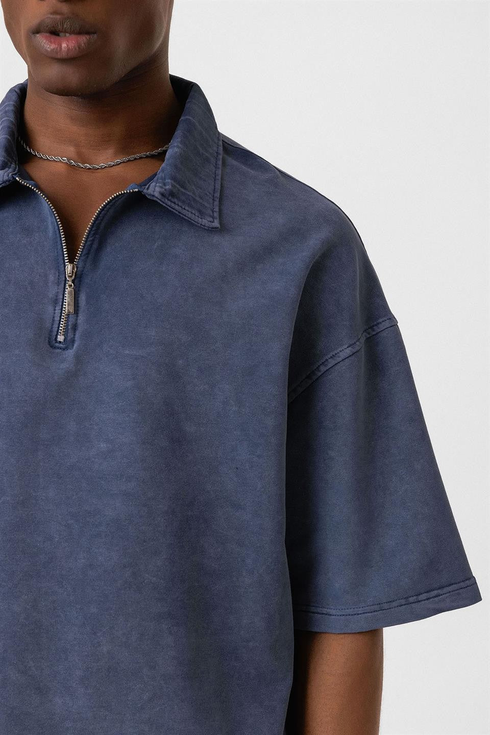 Oversized Washed Polo-Neck T-Shirt