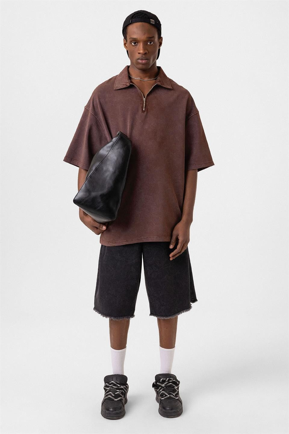 Oversized Washed Polo-Neck T-Shirt