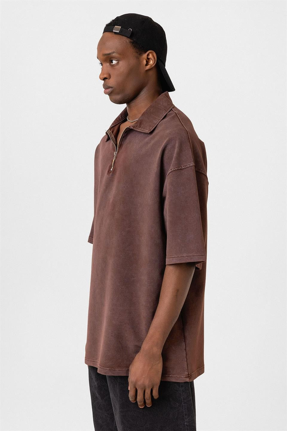 Oversized Washed Polo-Neck T-Shirt