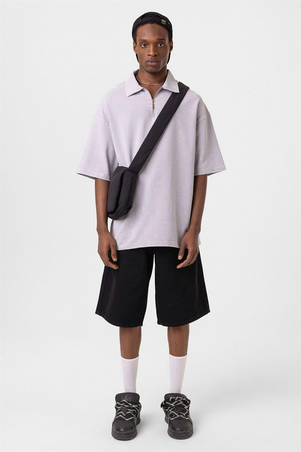Oversized Washed Polo-Neck T-Shirt