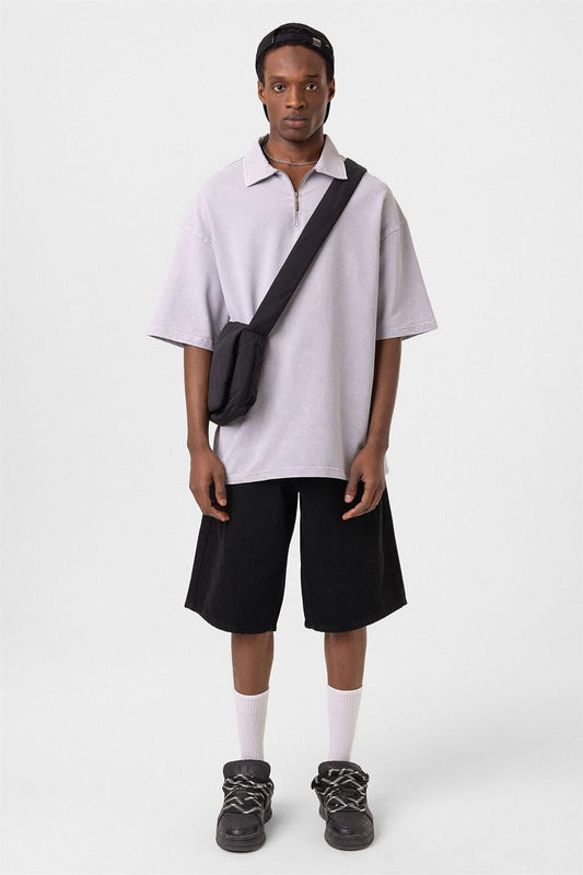 Oversized Washed Polo-Neck T-Shirt