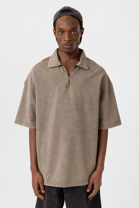 Oversized Washed Polo-Neck T-Shirt