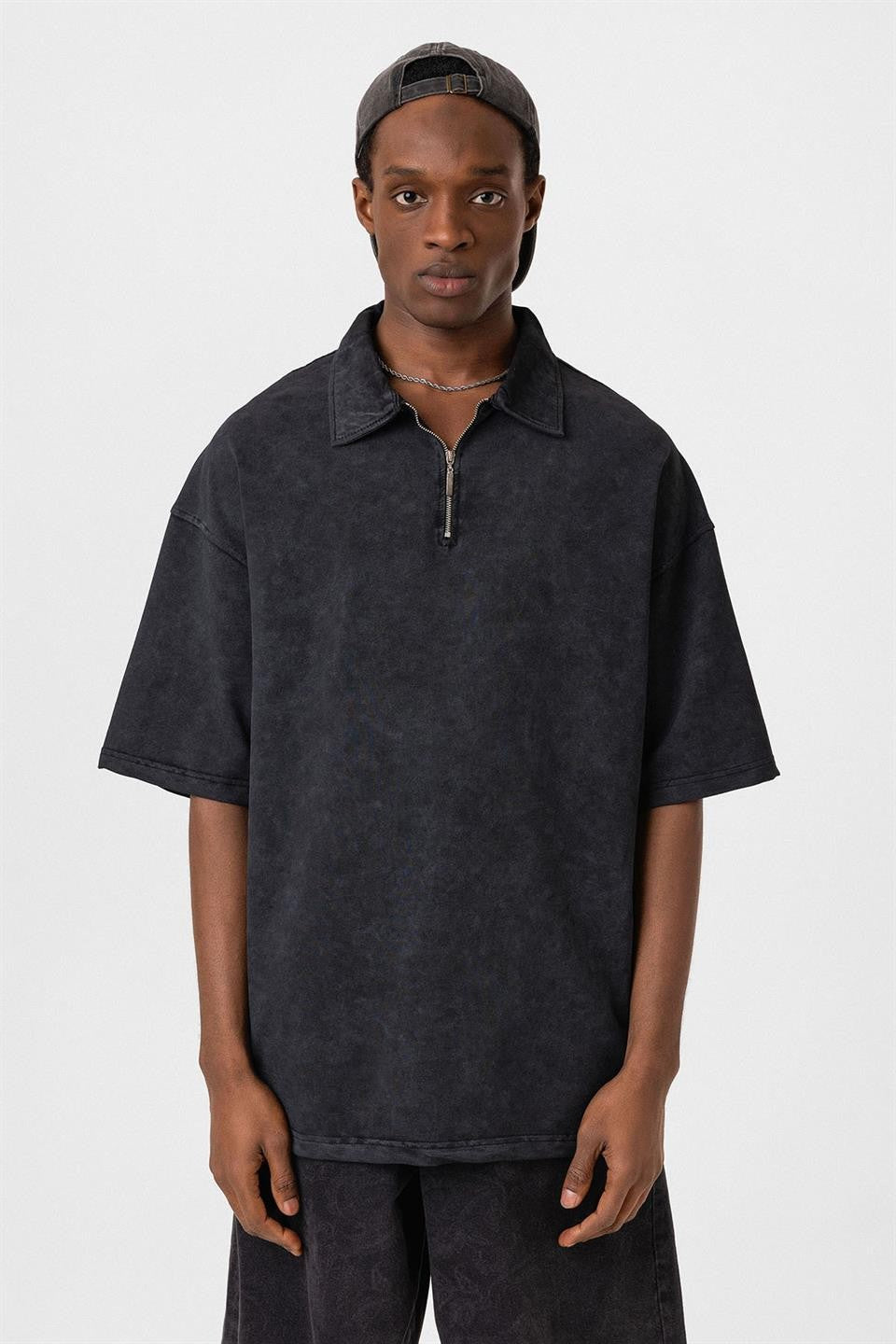 Oversized Washed Polo-Neck T-Shirt