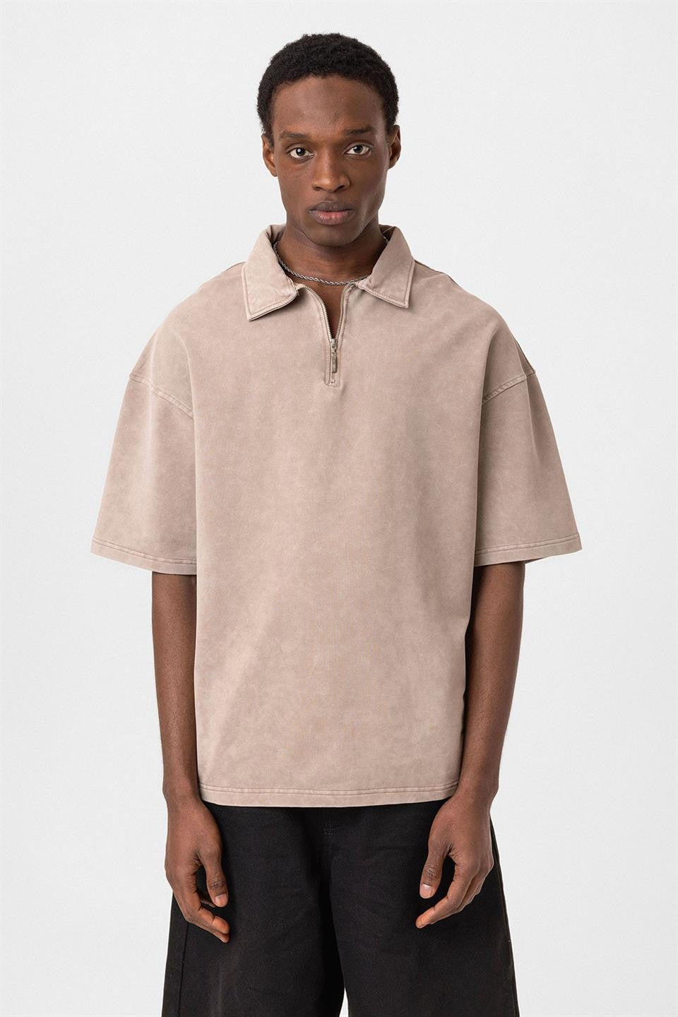 Oversized Washed Polo-Neck T-Shirt