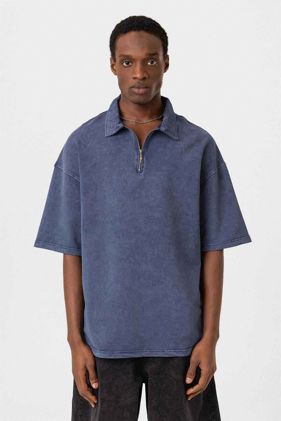 Oversized Washed Polo-Neck T-Shirt