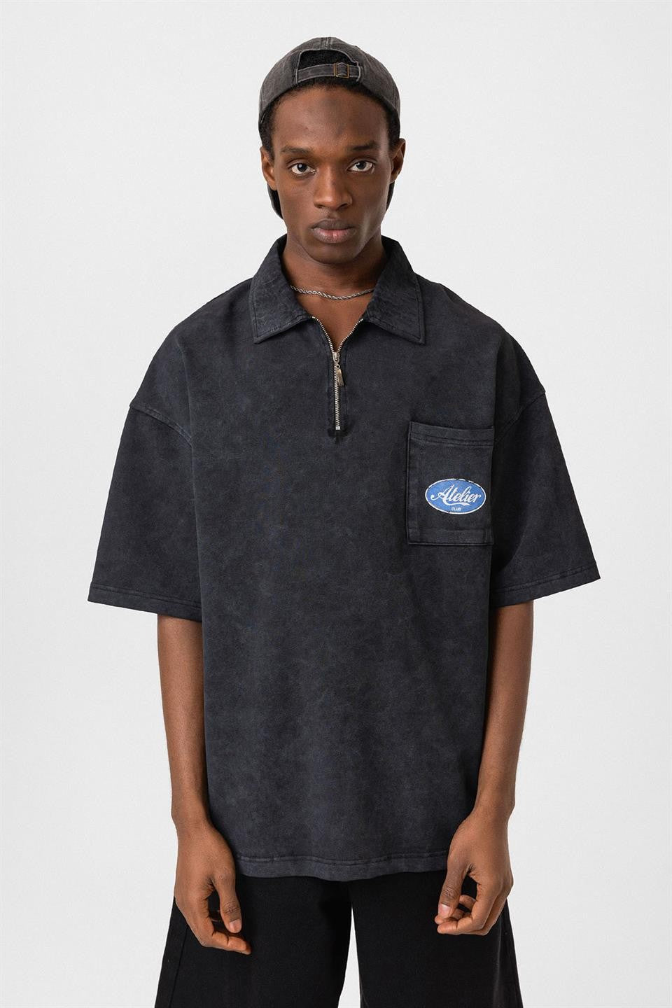 Oversized Polo-Neck Zipper T-Shirt