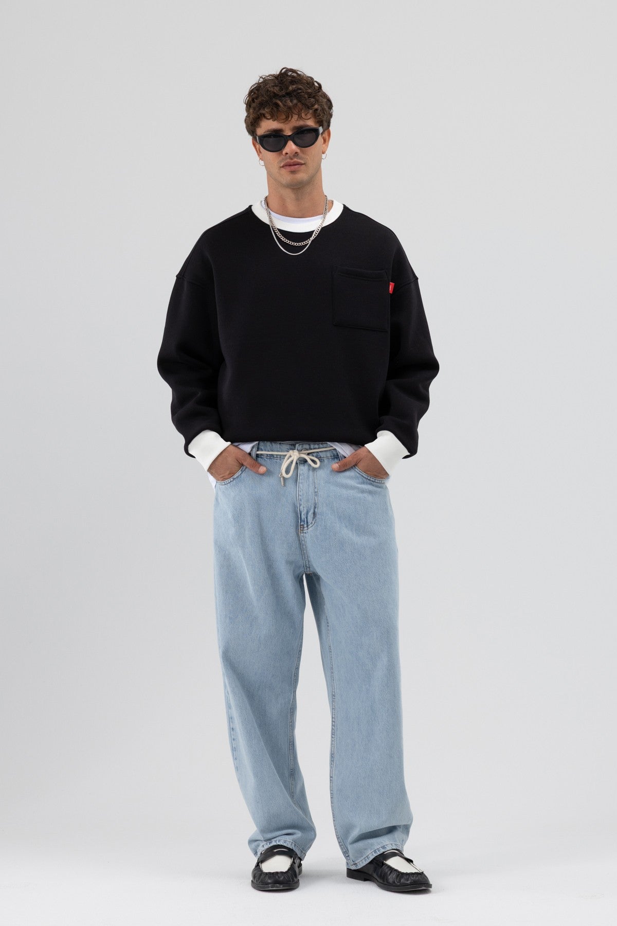 Oversized Sweatshirt with Crew Neck and Pocket Details