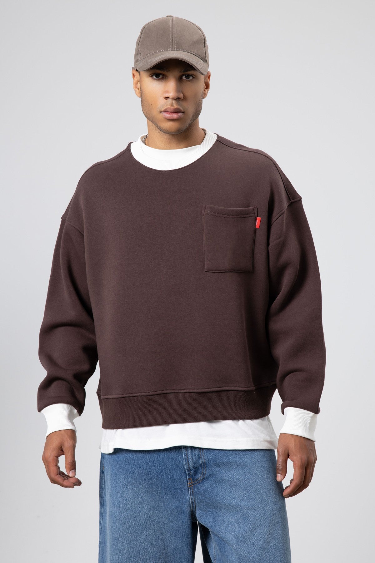 Oversized Sweatshirt with Crew Neck and Pocket Details
