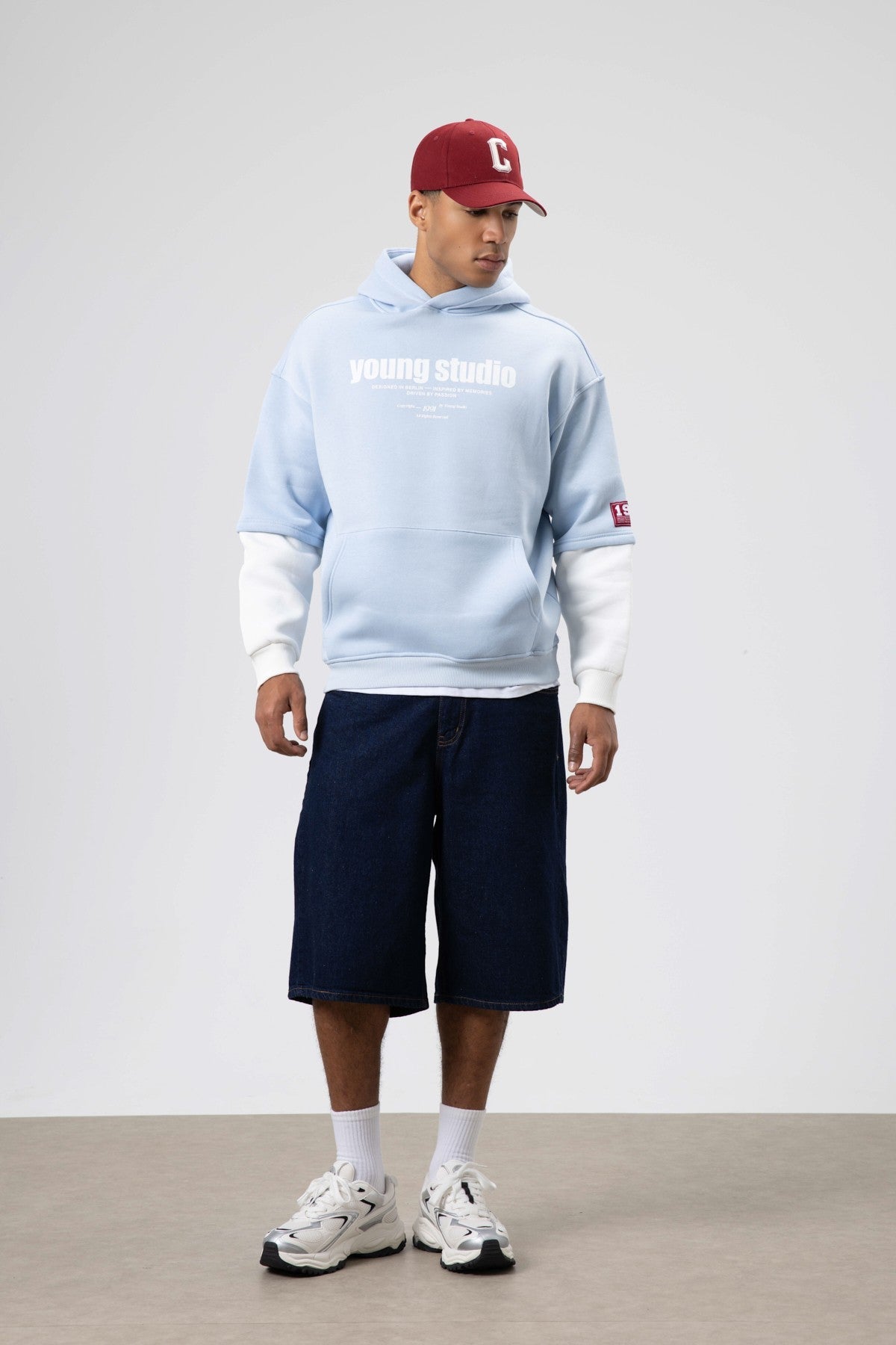 Oversized Printed Hooded Sweatshirt, Baby Blue
