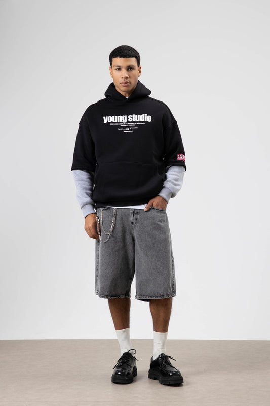 Oversized Printed Hooded Sweatshirt, Black