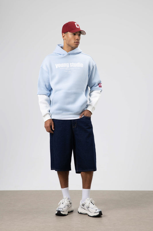 Oversized Printed Hooded Sweatshirt, Baby Blue