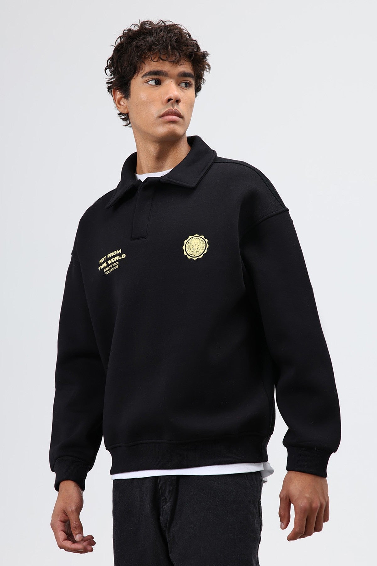 Oversized Printed Washed Sweatshirt with Polo Collar