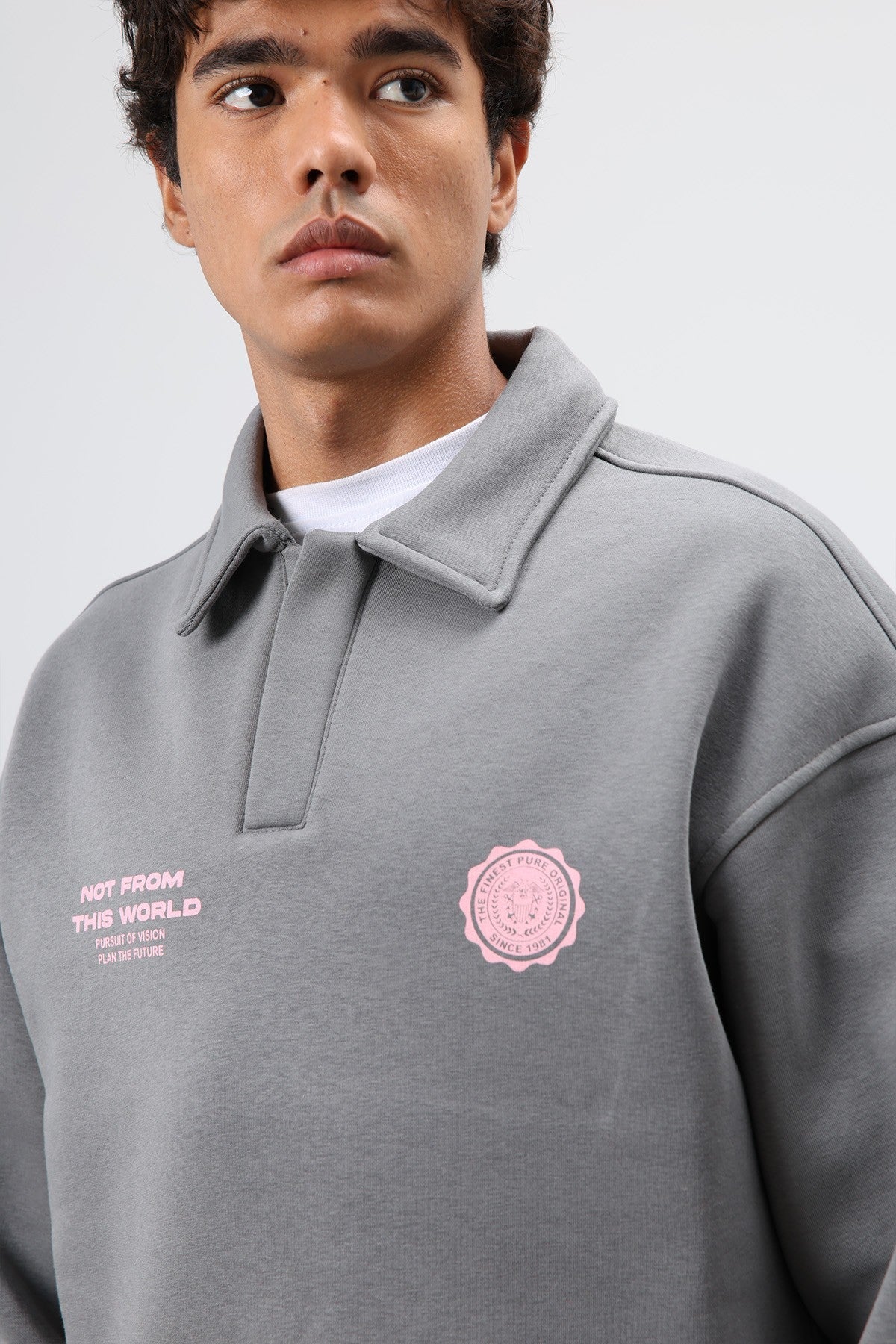 Oversized Printed Washed Sweatshirt with Polo Collar
