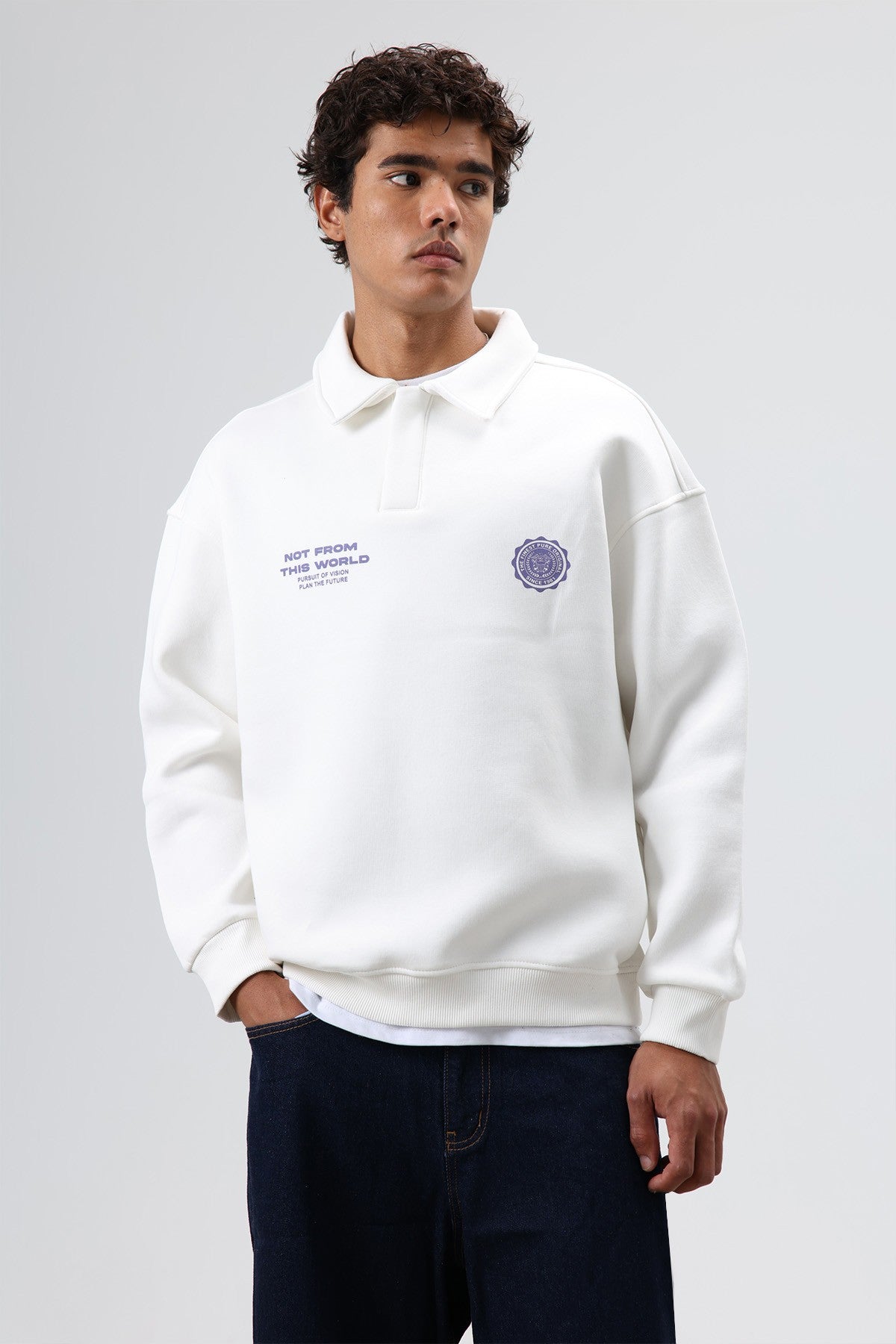 Oversized Printed Washed Sweatshirt with Polo Collar