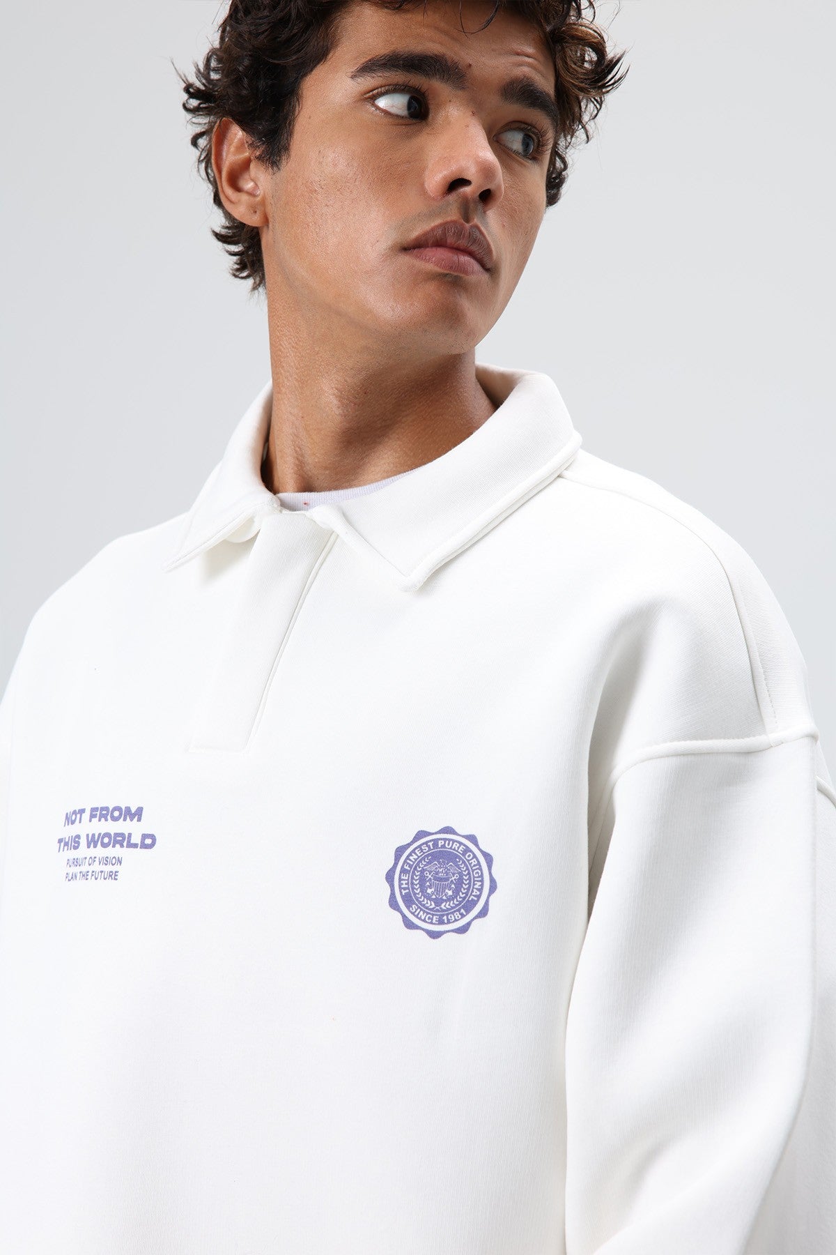 Oversized Printed Washed Sweatshirt with Polo Collar