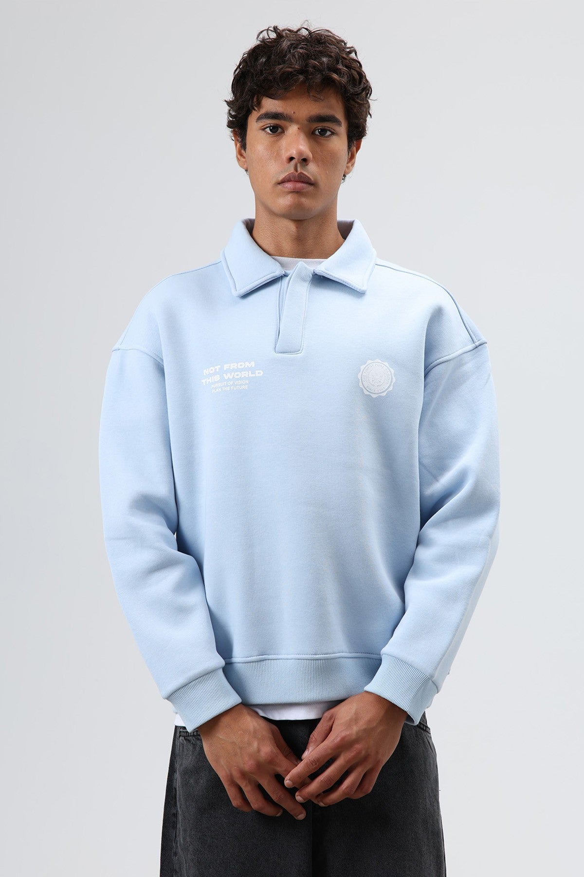 Oversized Printed Washed Sweatshirt with Polo Collar