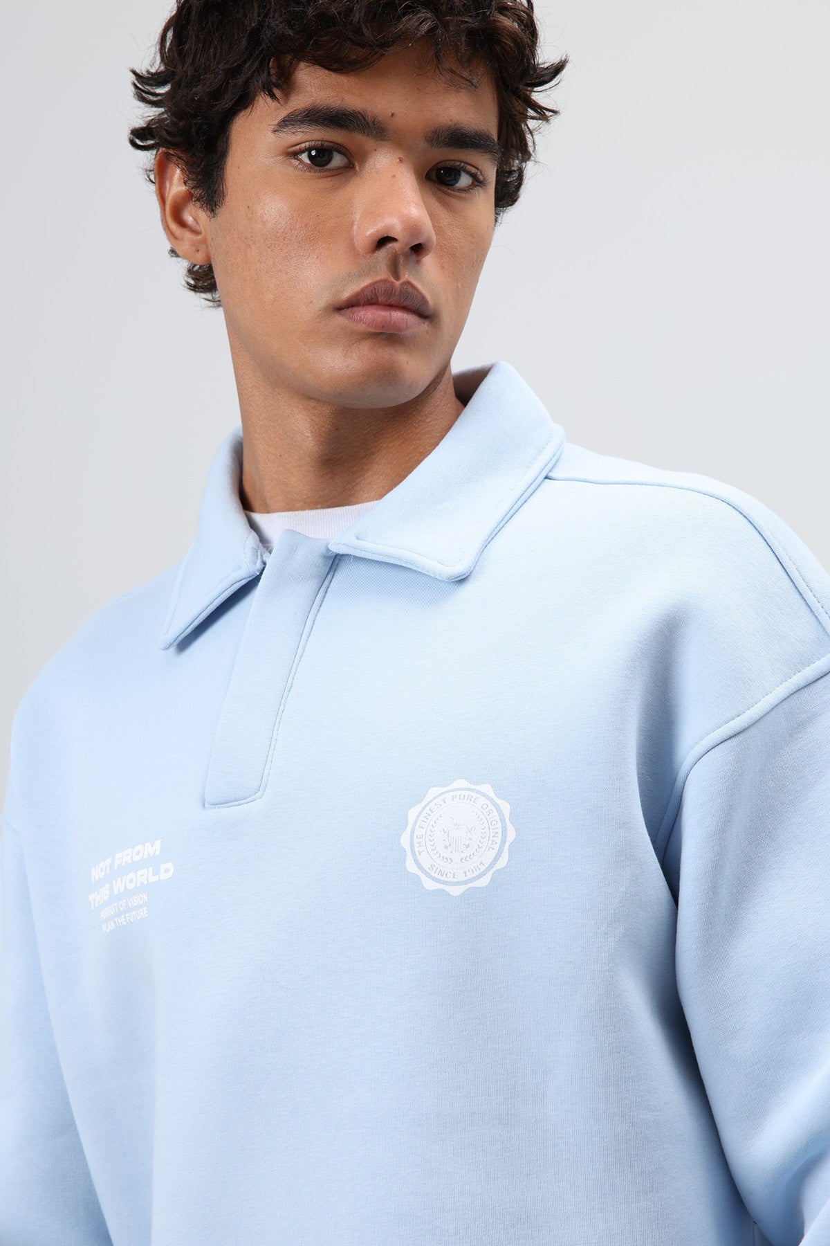 Oversized Printed Washed Sweatshirt with Polo Collar