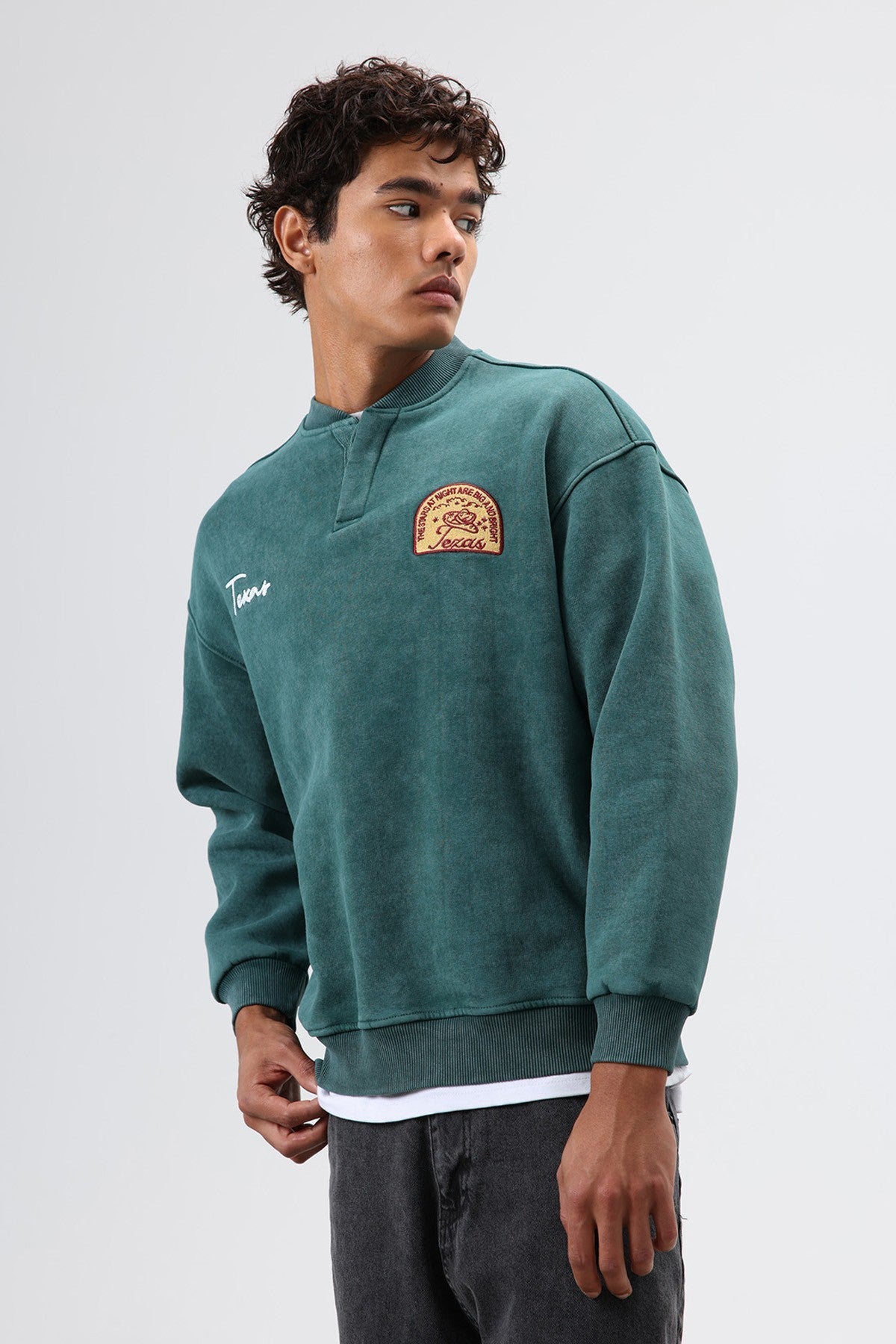 Oversized Henley-Neck Printed Sweatshirt