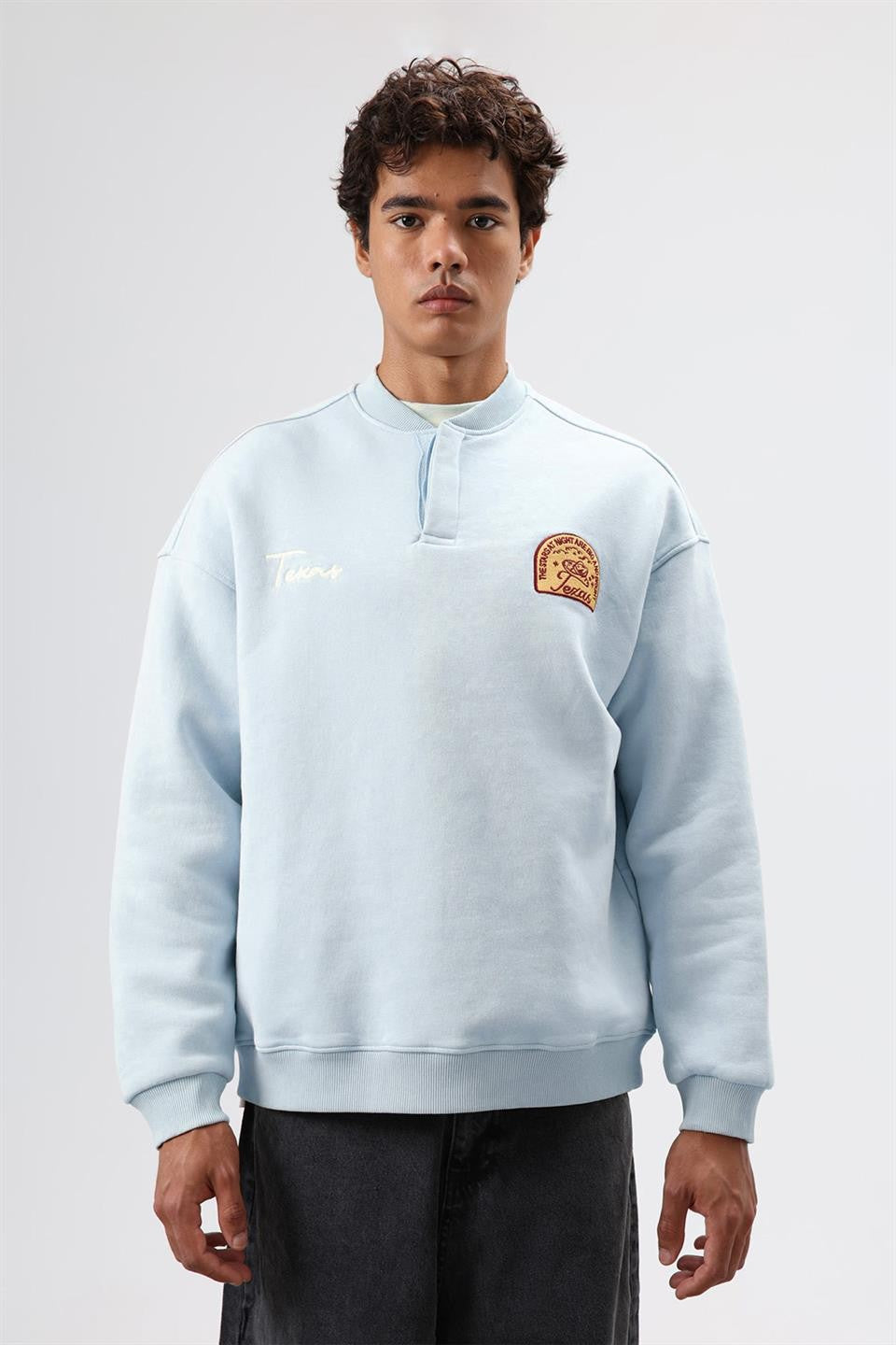 Oversized Henley-Neck Printed Sweatshirt