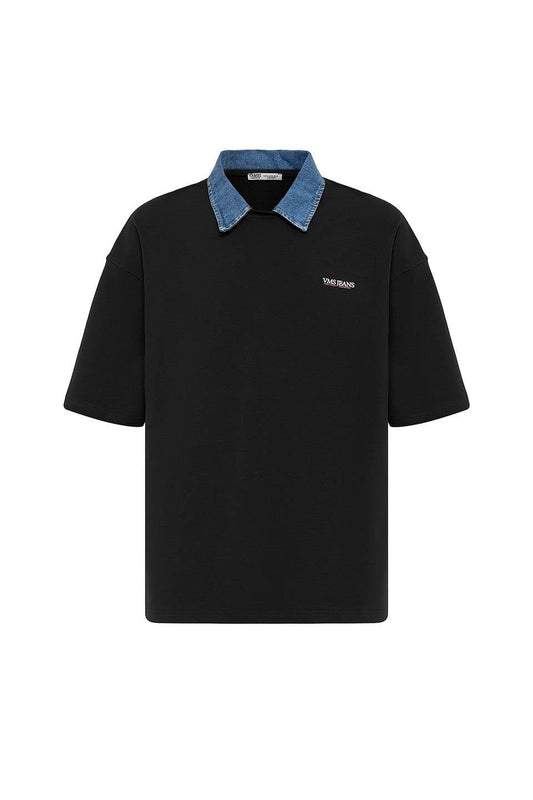 Oversized T-Shirt with Polo Collar and Embroidered Design