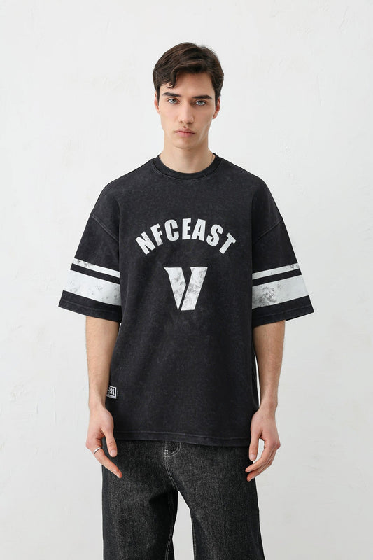 Oversized T-Shirt with V-Print and Sleeve Details