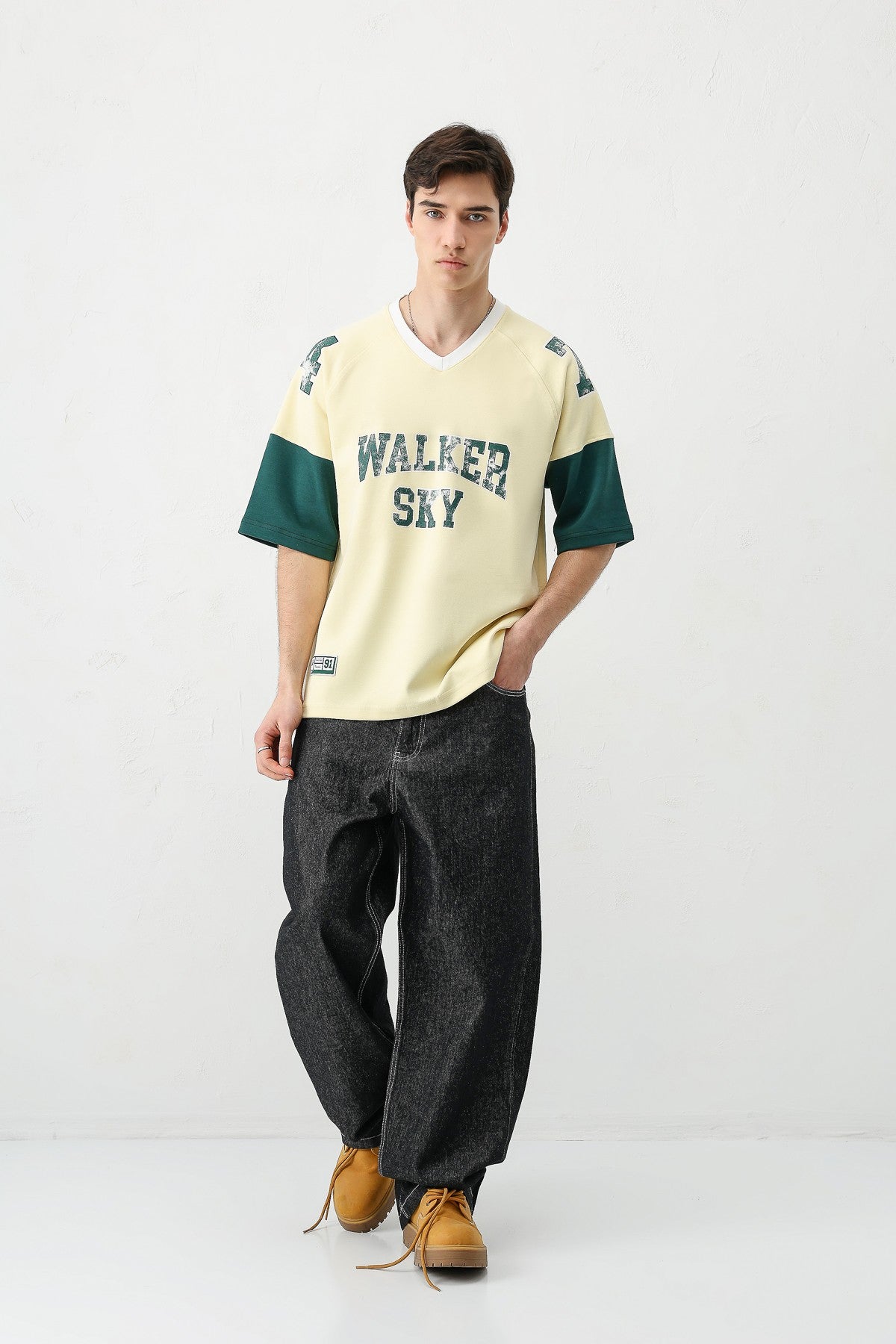 Oversized Ribbed V-Neck Printed T-Shirt