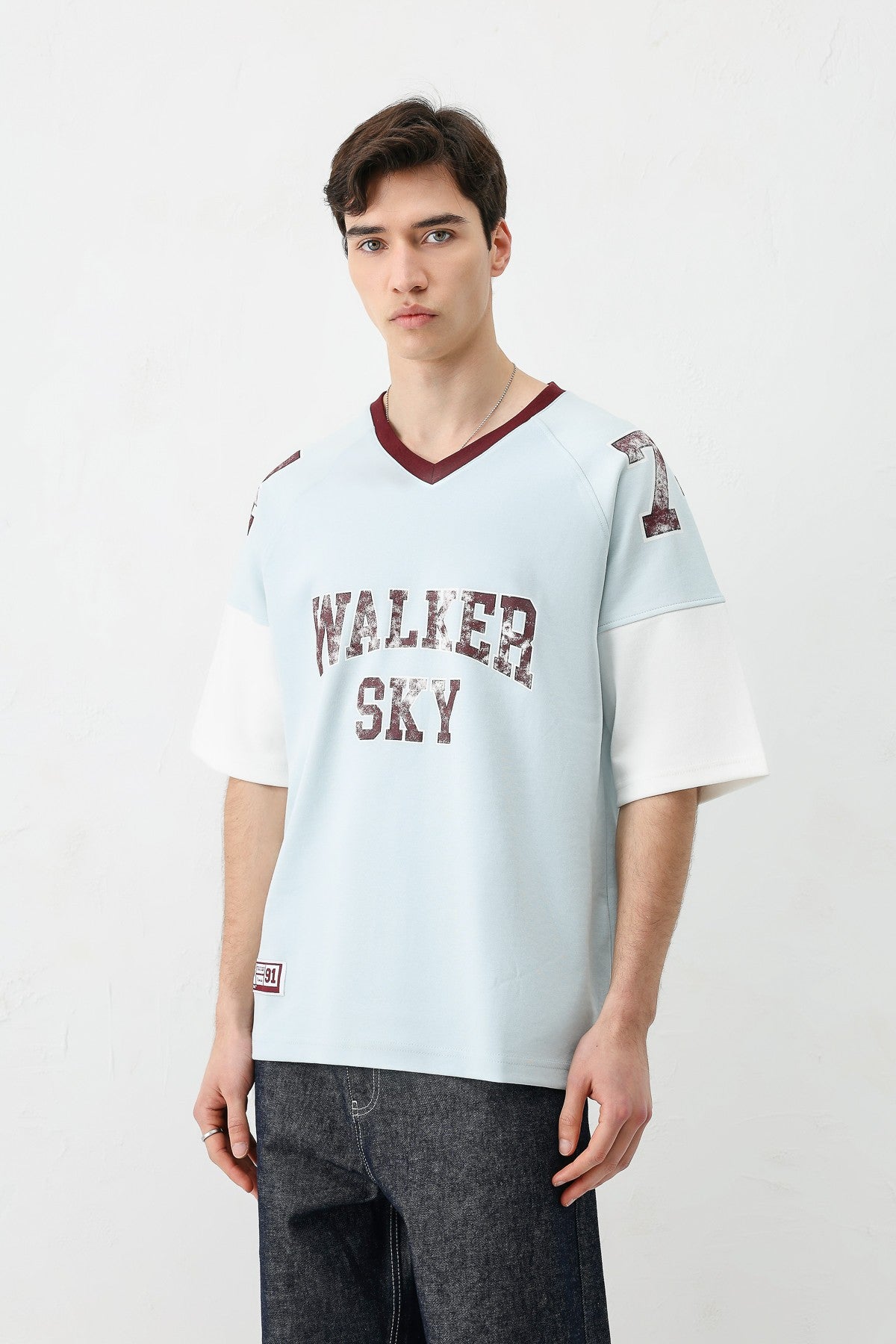 Oversized Ribbed V-Neck Printed T-Shirt