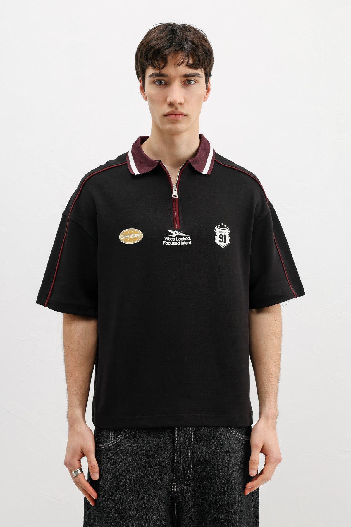 Oversized T-Shirt with Zipper Collar and Print