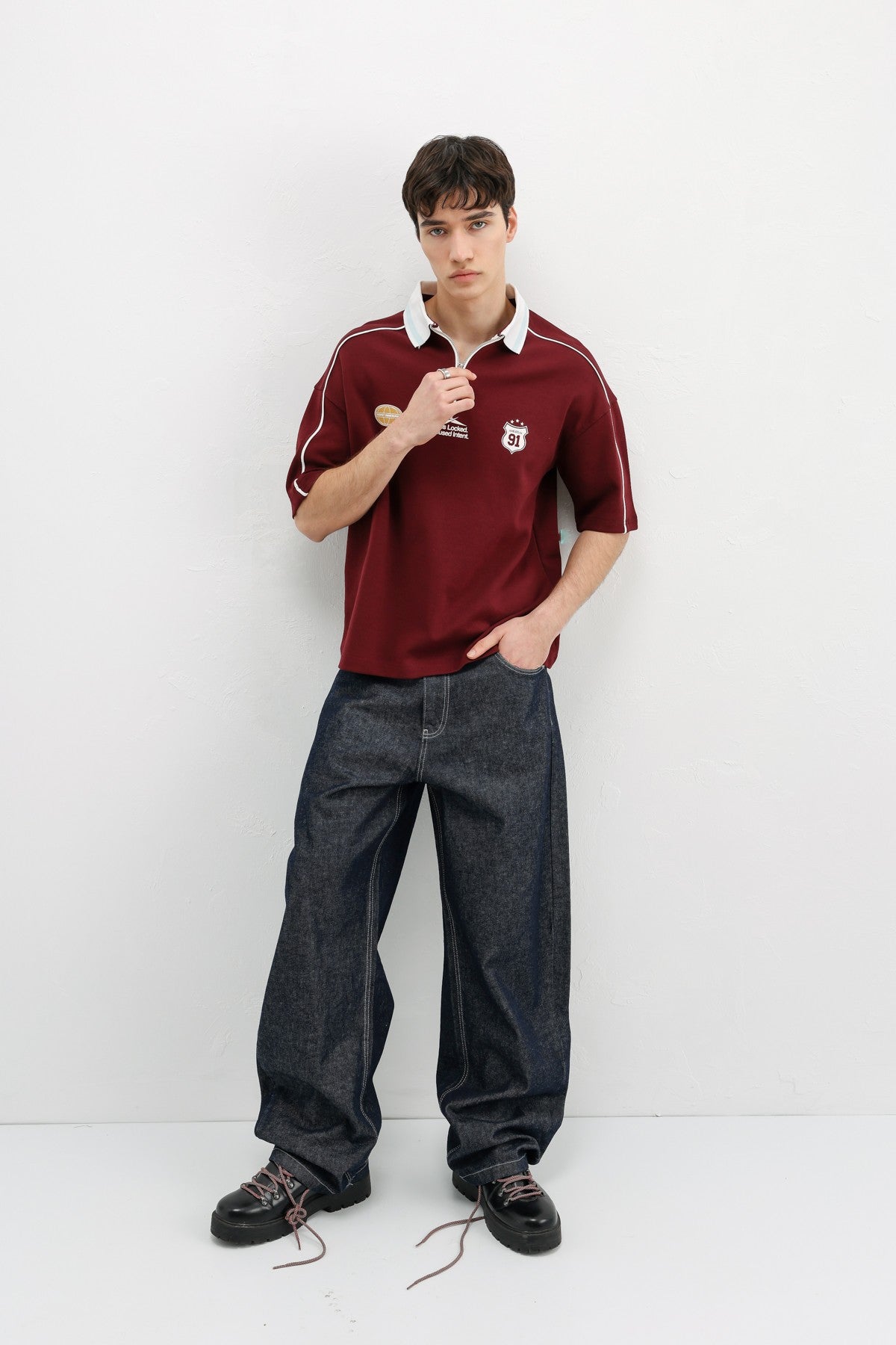 Oversized T-Shirt with Zipper Collar and Print