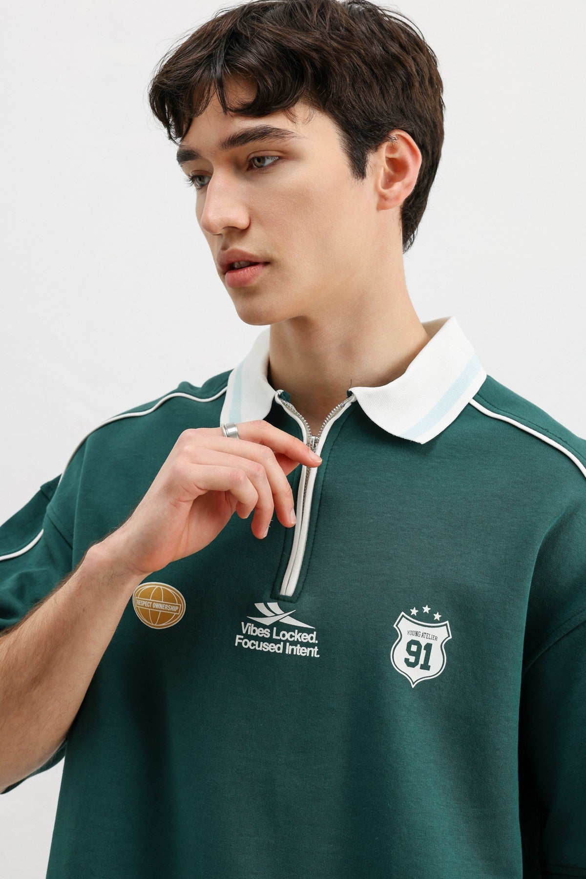 Oversized T-Shirt with Zipper Collar and Print