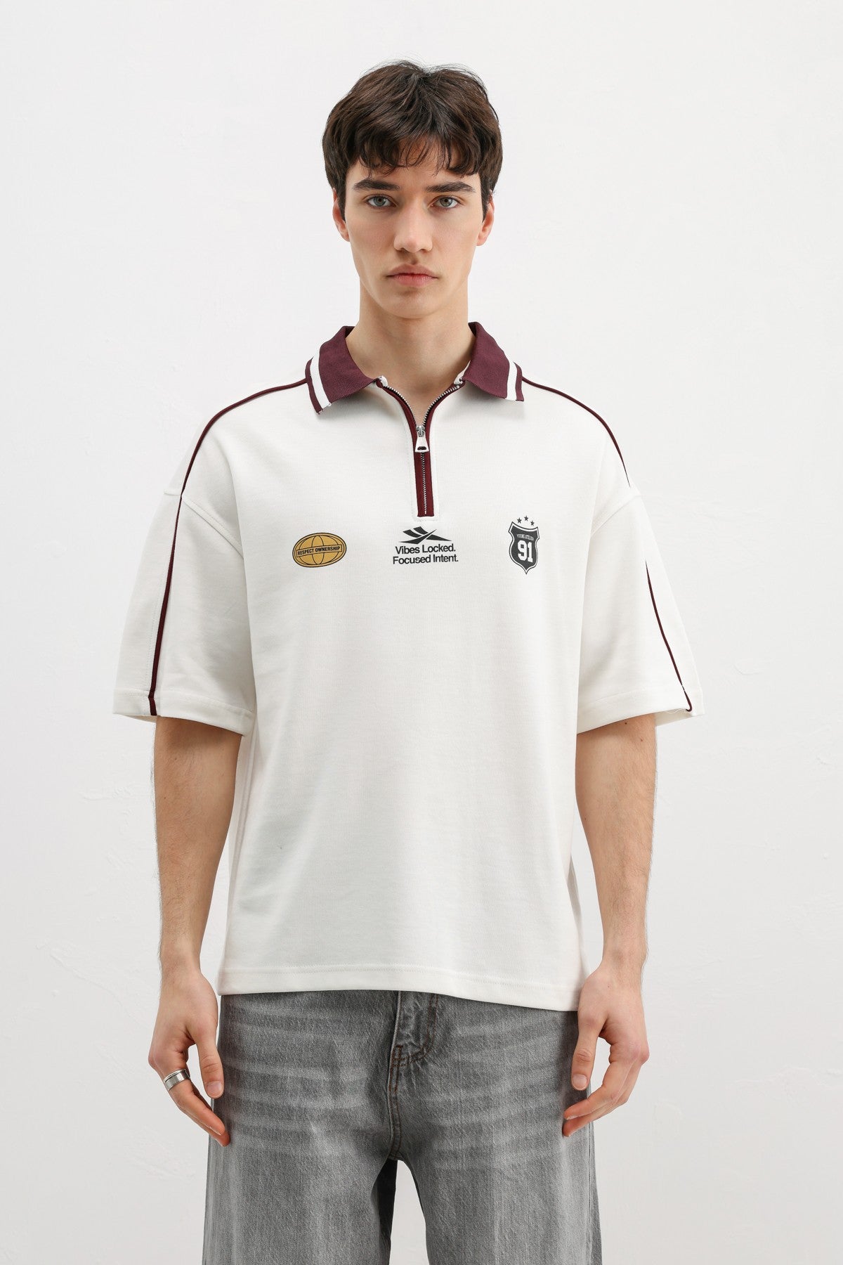 Oversized T-Shirt with Zipper Collar and Print