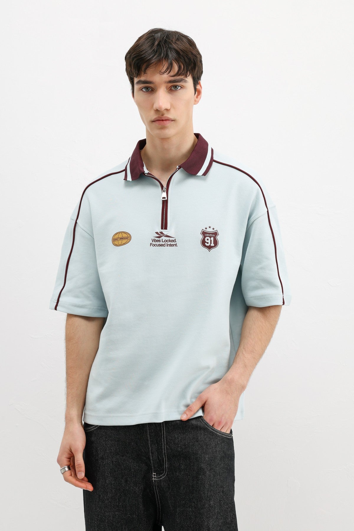 Oversized T-Shirt with Zipper Collar and Print