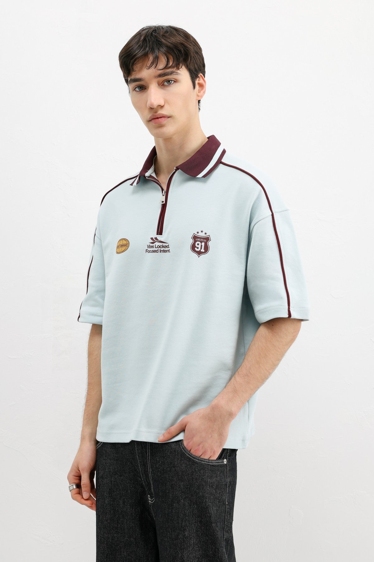 Oversized T-Shirt with Zipper Collar and Print