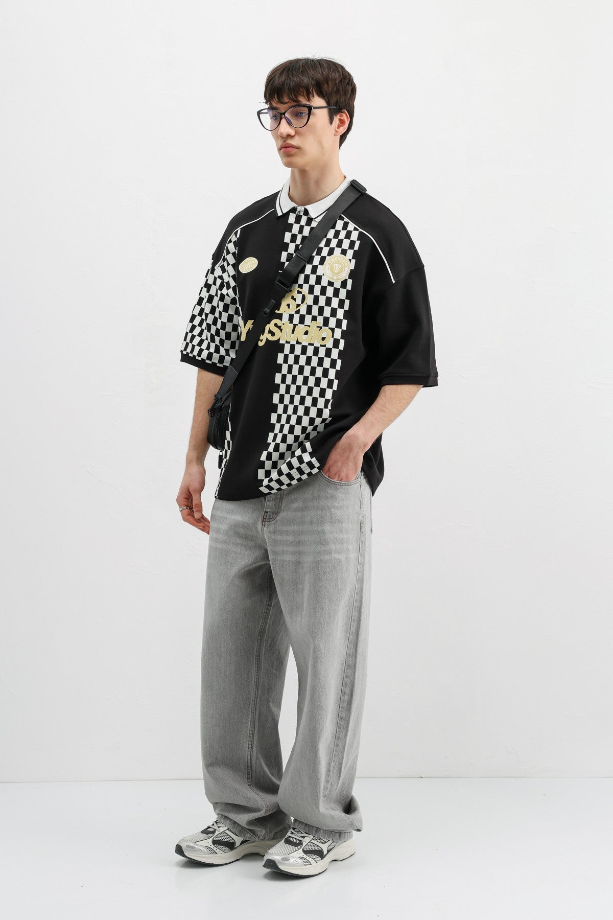 Oversized T-Shirt with Polo Collar Print