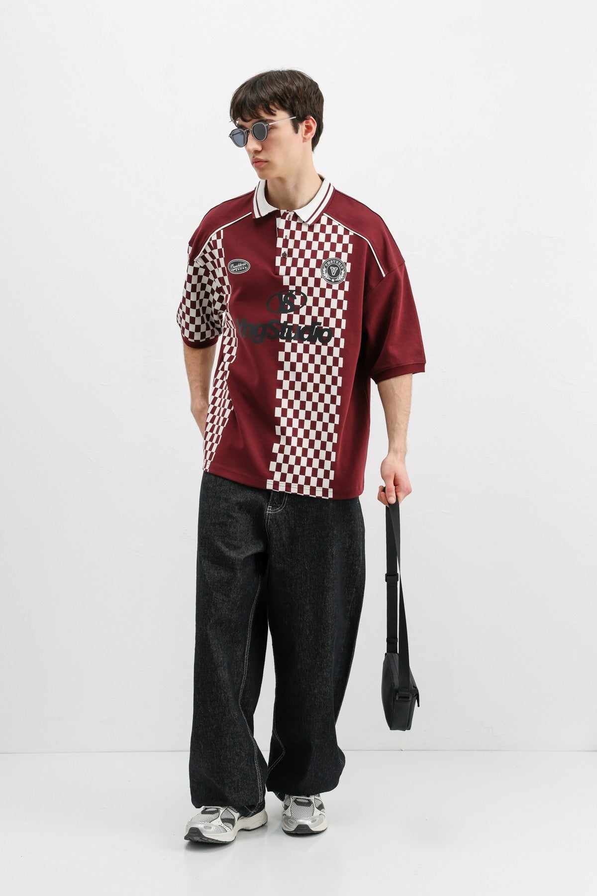 Oversized T-Shirt with Polo Collar Print